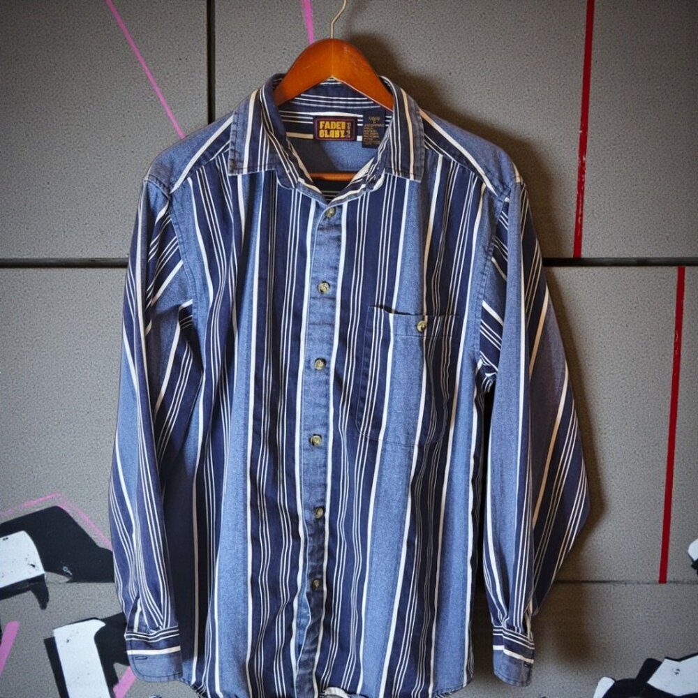 Vintage Faded Glory Striped Button Down Shirt Medium Blue Grunge Skater Dadcore